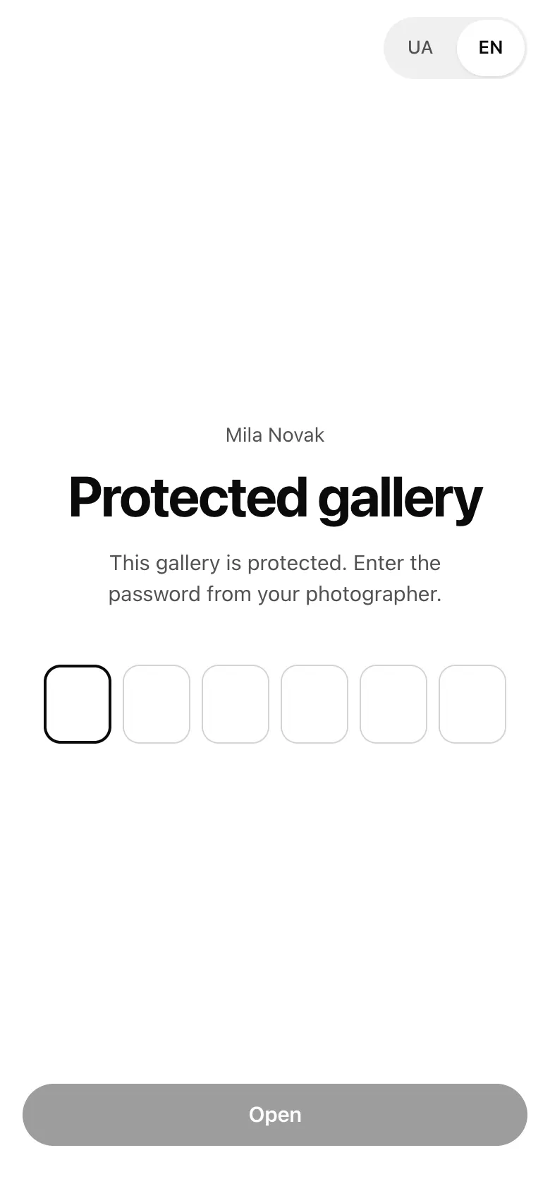 The password screen on a phone: six boxes for the digits and the Open button