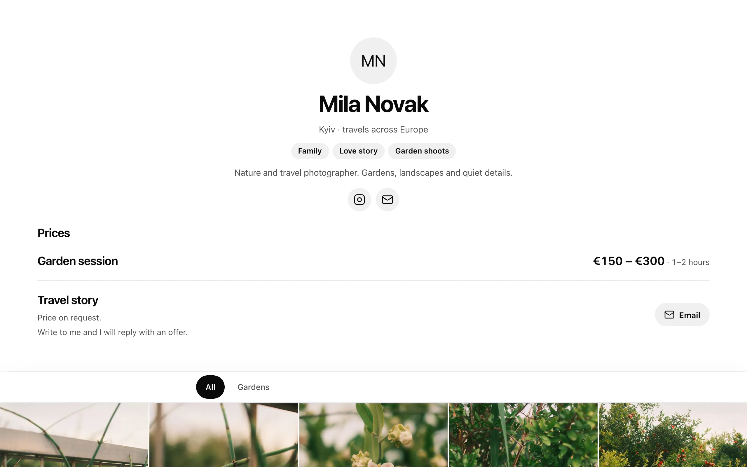 A published portfolio as clients see it: name, city, genres, about, contacts and prices