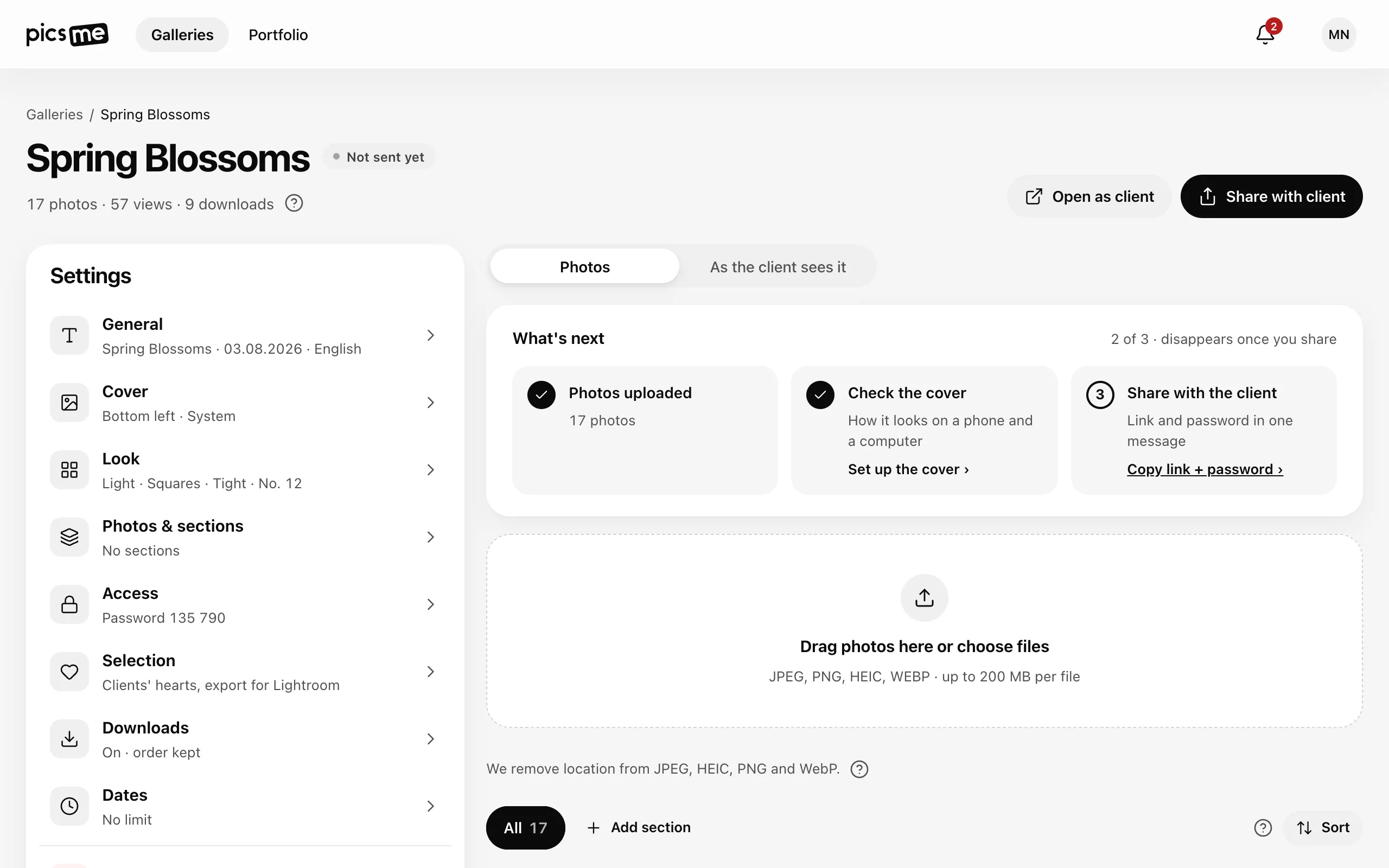 A new gallery page: settings on the left, the What's next card and the upload zone on the right