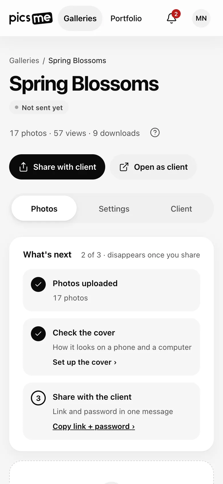 The same gallery on a phone, with the Photos, Settings and Client tabs