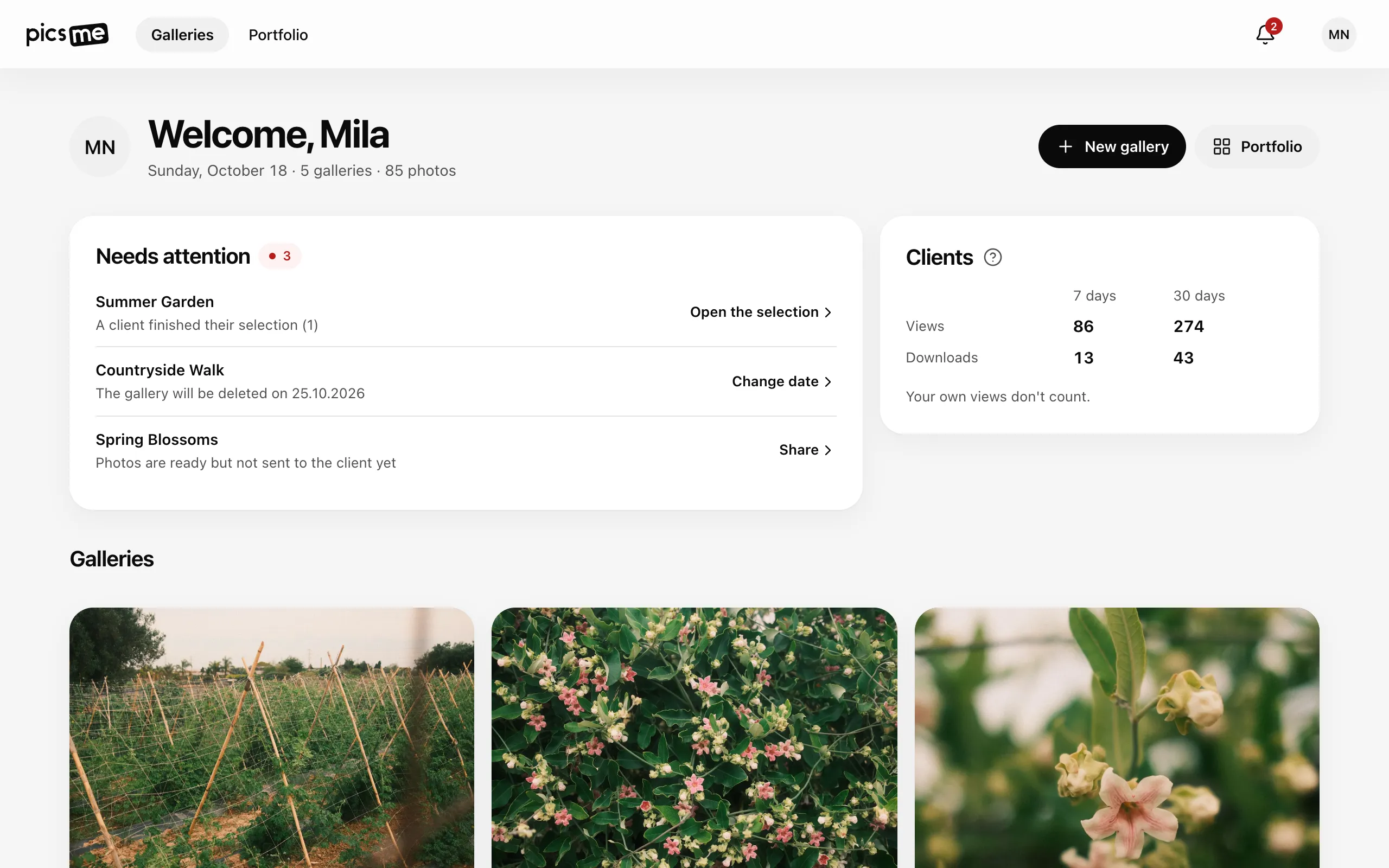 The home page: greeting, Needs attention and the Clients counters above the galleries