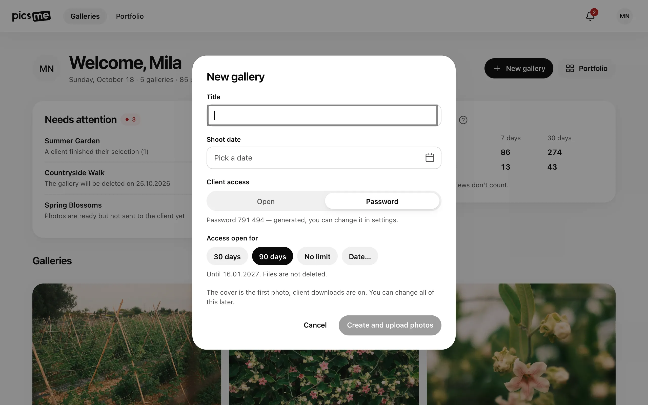 The New gallery dialog: title, shoot date, client access and how long access stays open