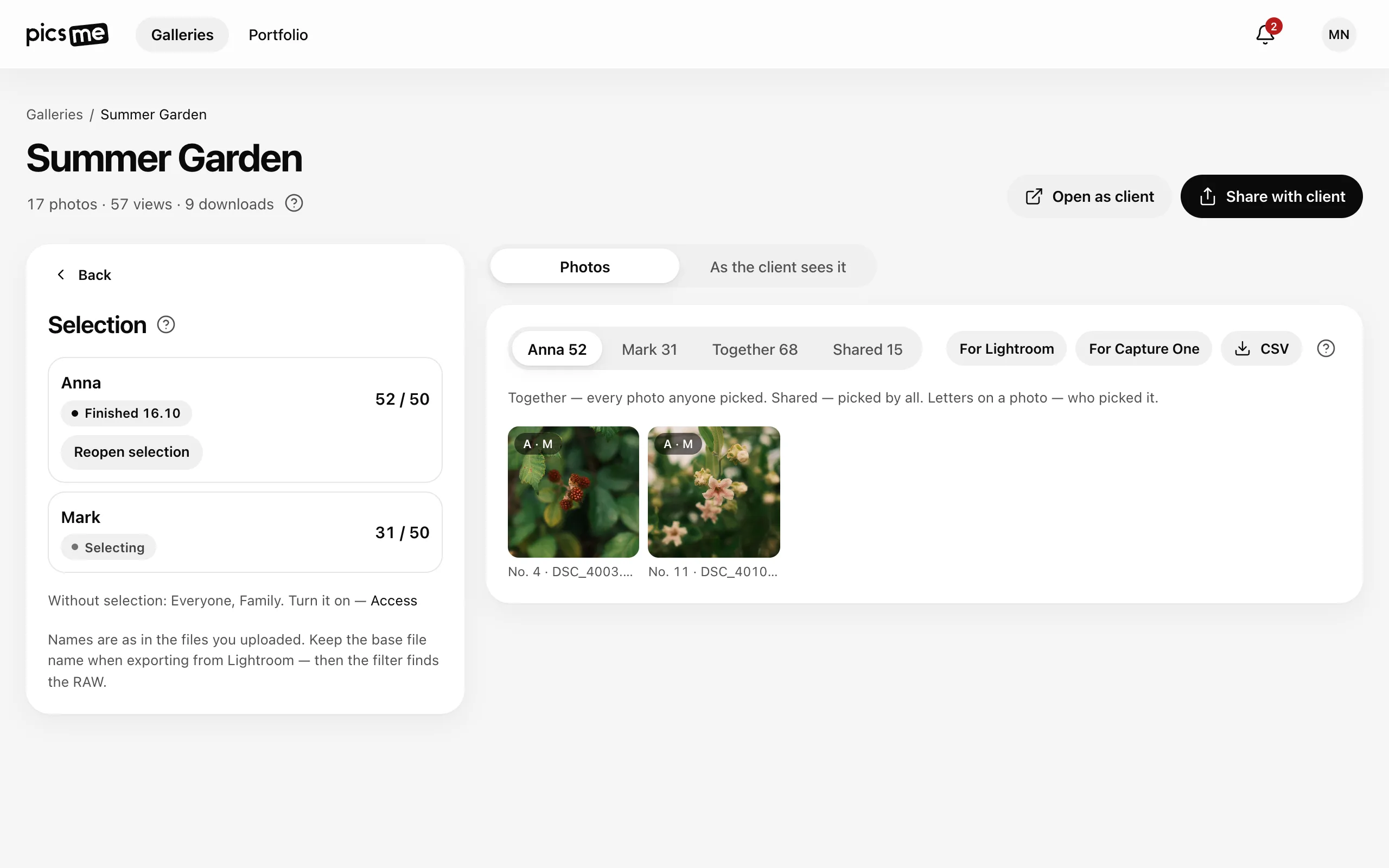 The Selection preview: tabs per person, Together and Shared, and the For Lightroom, For Capture One and CSV buttons